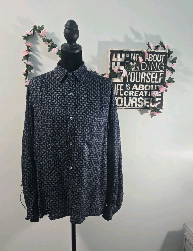 Ralph Lauren 100% Silk Geometric Button Down Shirt - Blue - Women's Size 12