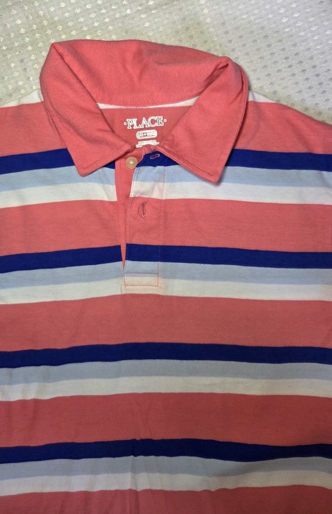 The Children's Place Boys Striped Polo Shirt Pink Blue White Short Sleeve L 10/…