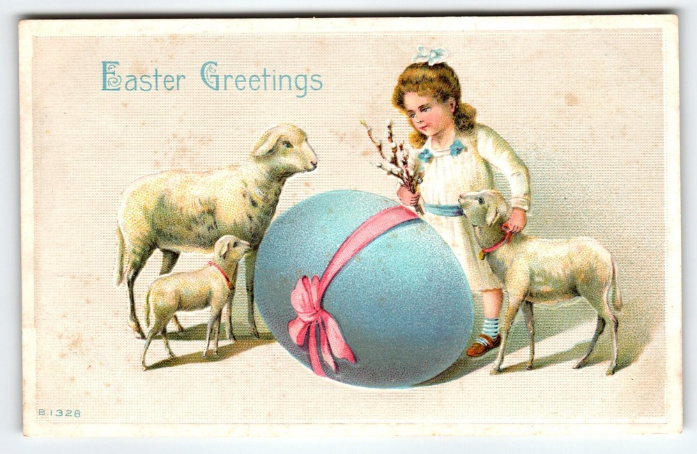 Easter Greetings Postcard Lambs Girl Willows Giant Painted Egg Antique Embossed
