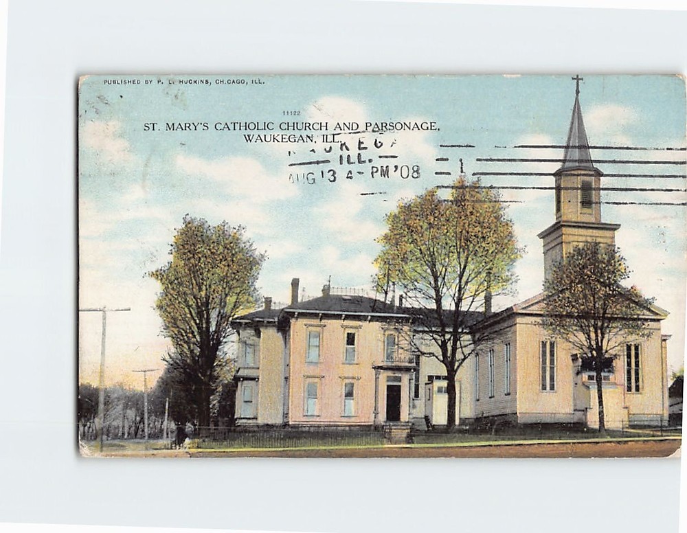 Postcard St. Mary's Catholic Church and Parsonage Waukegan Illinois USA
