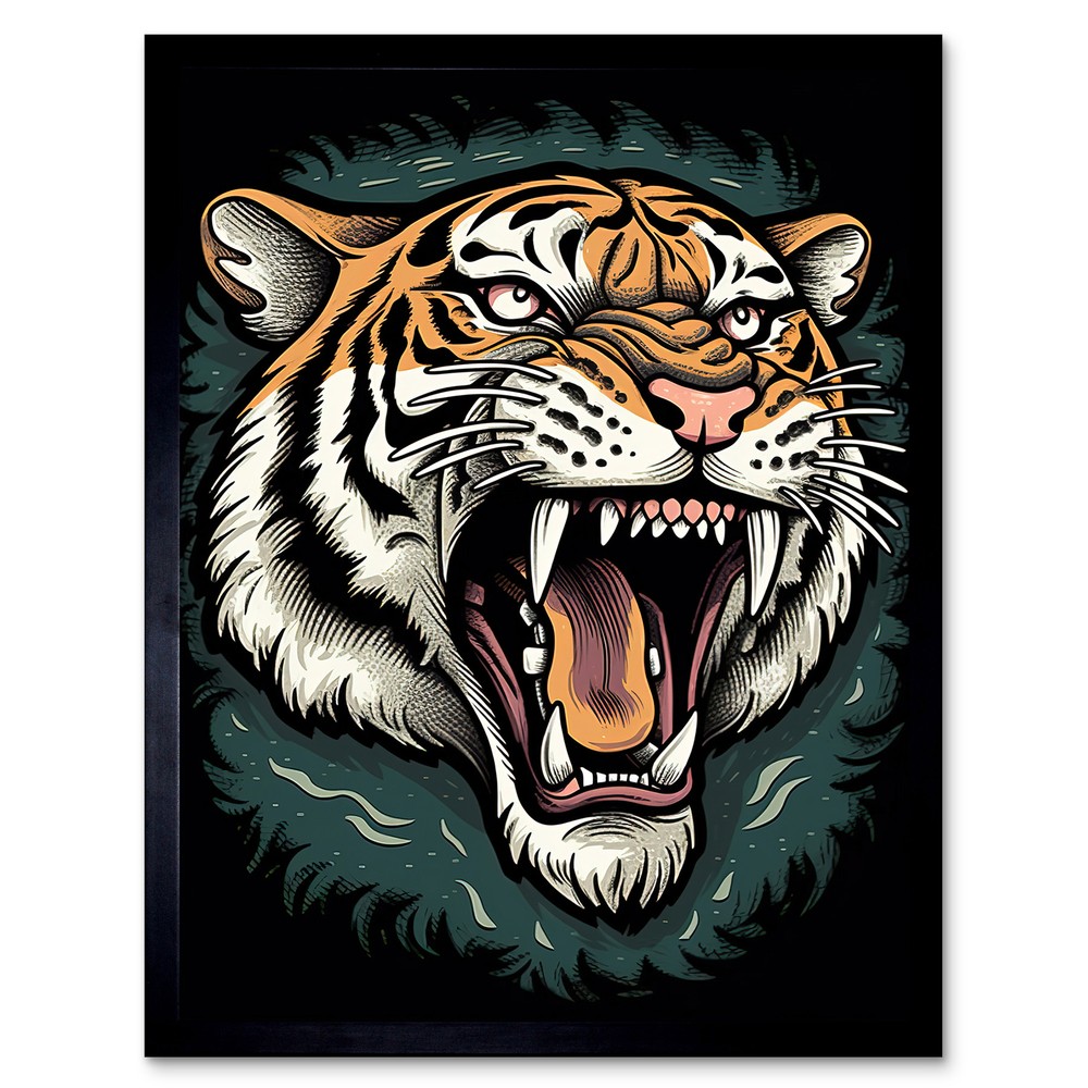 Tiger Head Old School USA Tattoo Body Art Rockabilly 50s Framed 12x16 Art Print