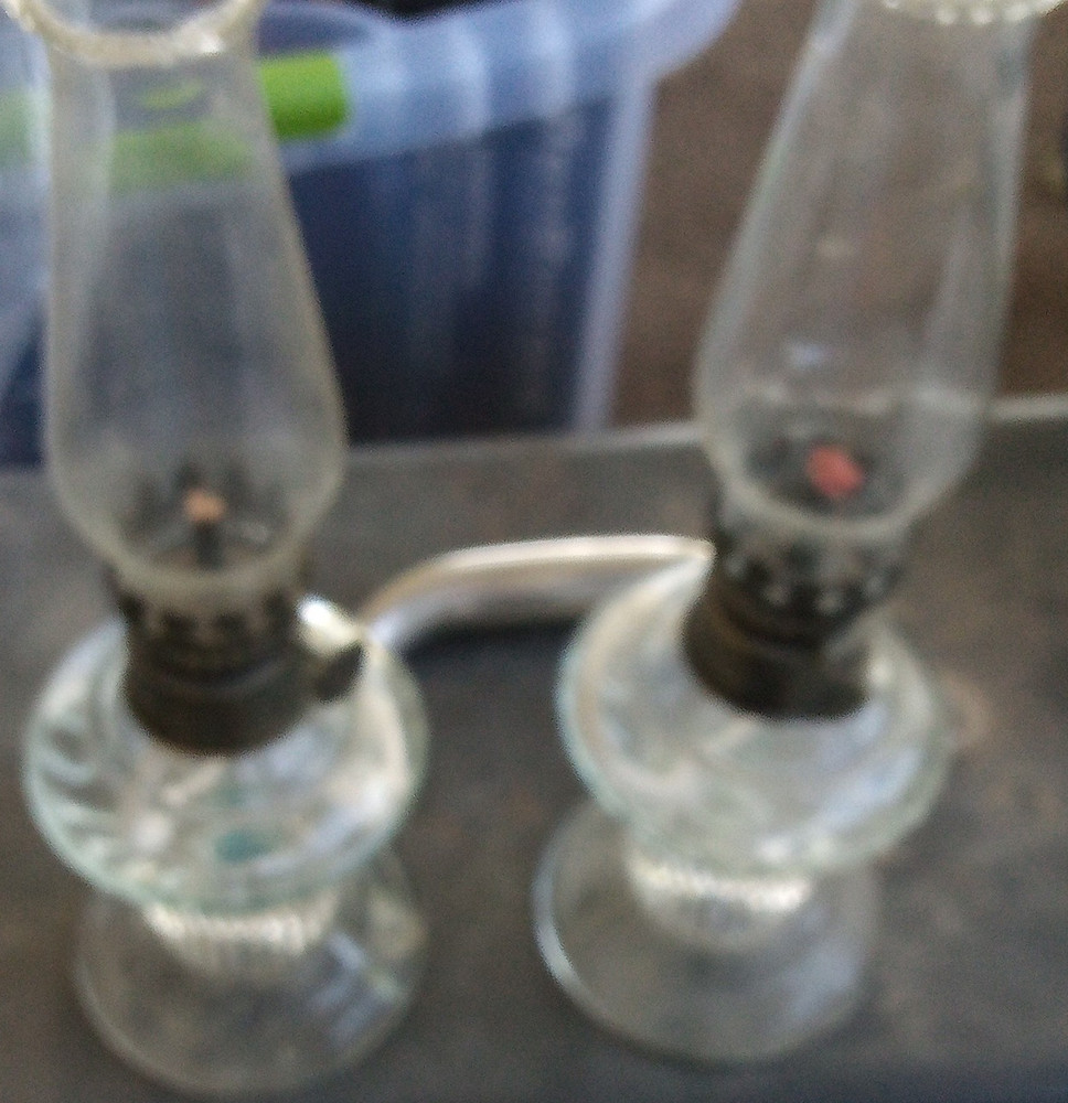 Pair Clear Glass Oil Lamps w/ Hurricane Chimneys, Portable Knob Control