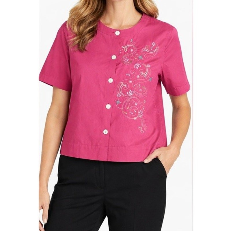 Orvis Womens Blouse Small Pink Embroidered Round Neck Short Sleeve Button Up
