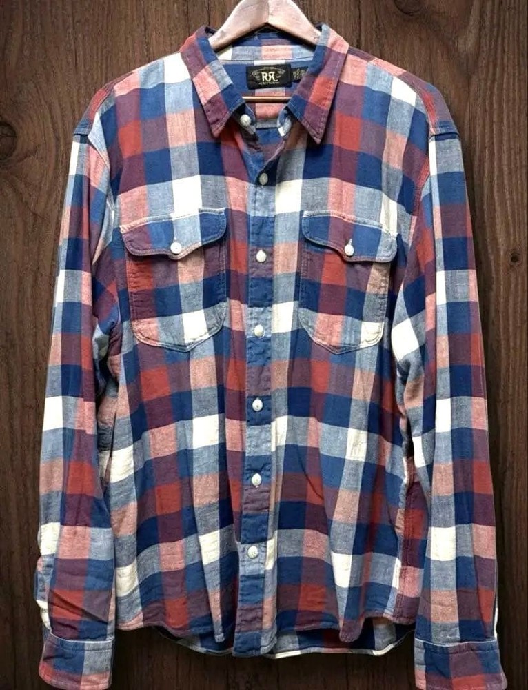 RRL Ralph Lauren Double RL Flannel Shirt Check Pattern Blue Size 2XL _#354
