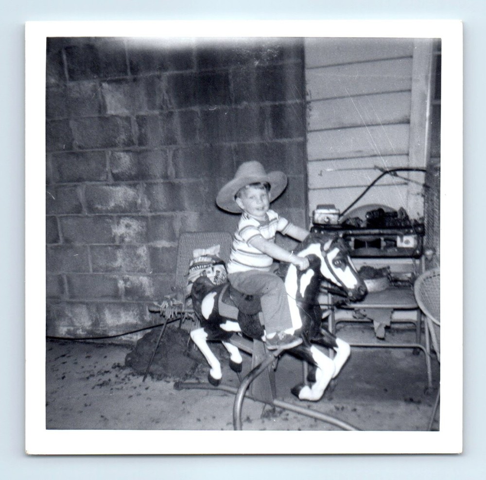 Old Vintage Photo SOLO BOY COWBOY HAT RIDING ROCKING HORSE SQUARE SNAPSHOT