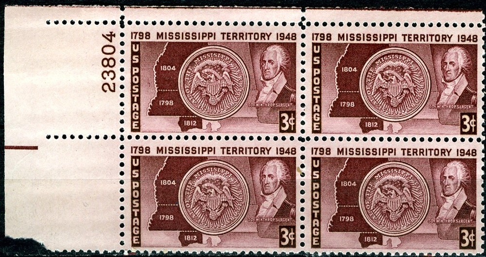 1948 3¢ Mississippi Territory Plate Block of 4 MNH SC#955