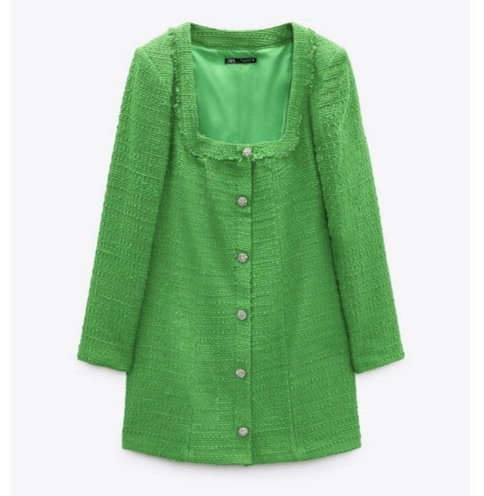 ZARA Green Textured Weave Tweed Dress with Crystal Buttons 4661/325 Size L