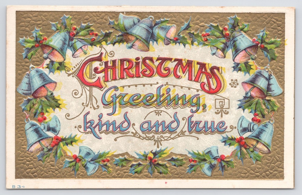 Holiday~Christmas Greetings~Blue Bells & Holly~Gold Bkgd~Embossed~c1911 Postcard