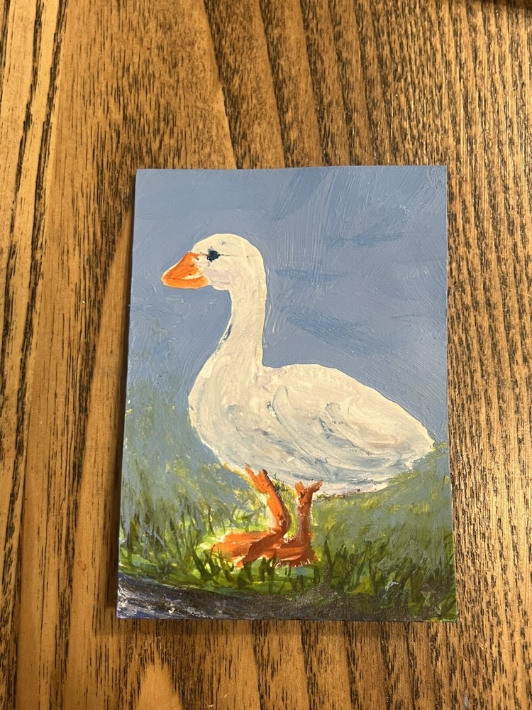 ACEO PRINT nice white goose robin’s egg vintage blue acrylic Painting 3.5x2.5