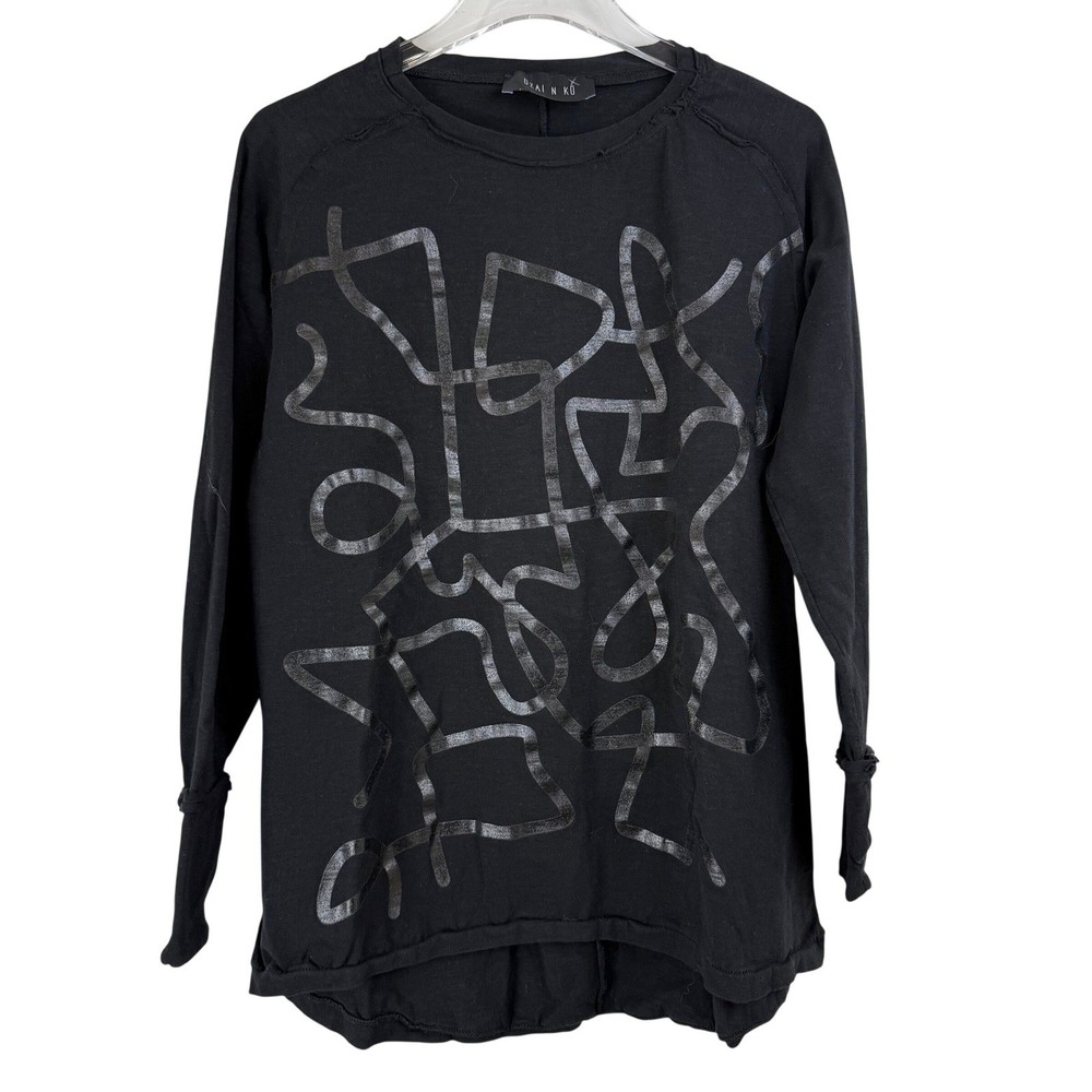 Ozai N Ku Black Long Sleeve Abstract Graphic Top Made in Greece WOMEN Small-image