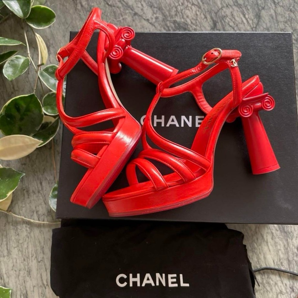 Chanel Red Column Heel Sandals in Greece Orange