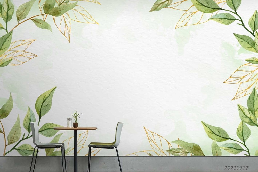 3D Green Gold Leaves Watercolor Wall Murals Wallpaper Murals Wall Sticker 7