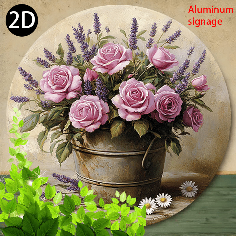 Vintage Pink Roses Lavender Flowers Round Aluminum Sign Farmhouse