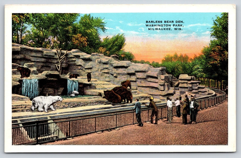 Animals~Milwaukee Wisconsin~Barless Bear Den @ Washington Park~Vintage Postcard