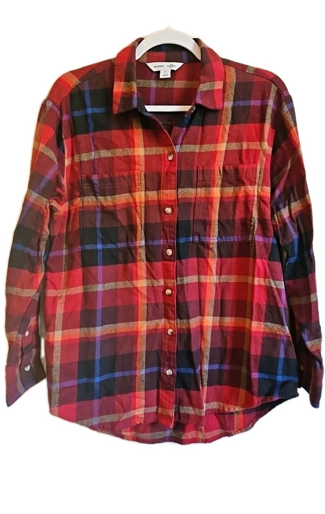 Old Navy The Boyfriend Shirt Womens Med Plaid Flannel Button Down Shirt Camping