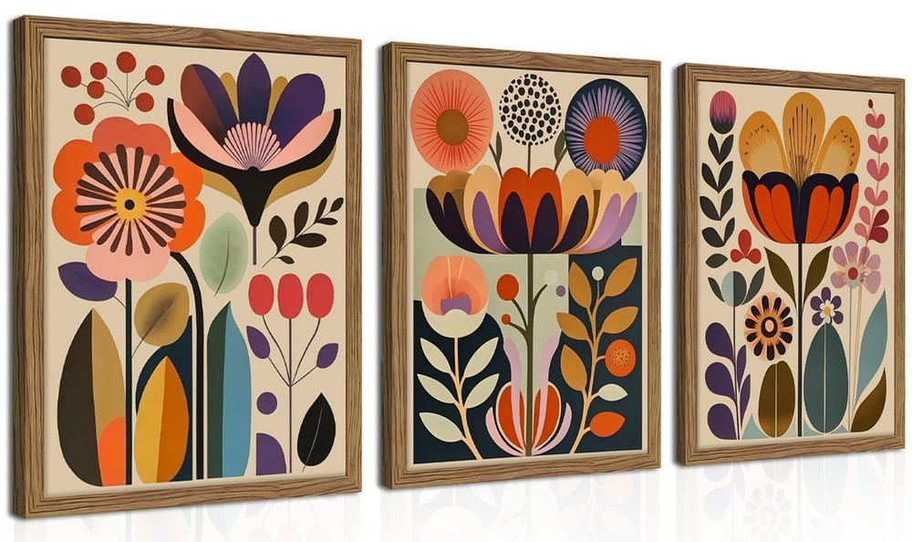 Framed Colorful Floral Wall Art Set of 3, Abstract Scandinavian Flower Canvas...