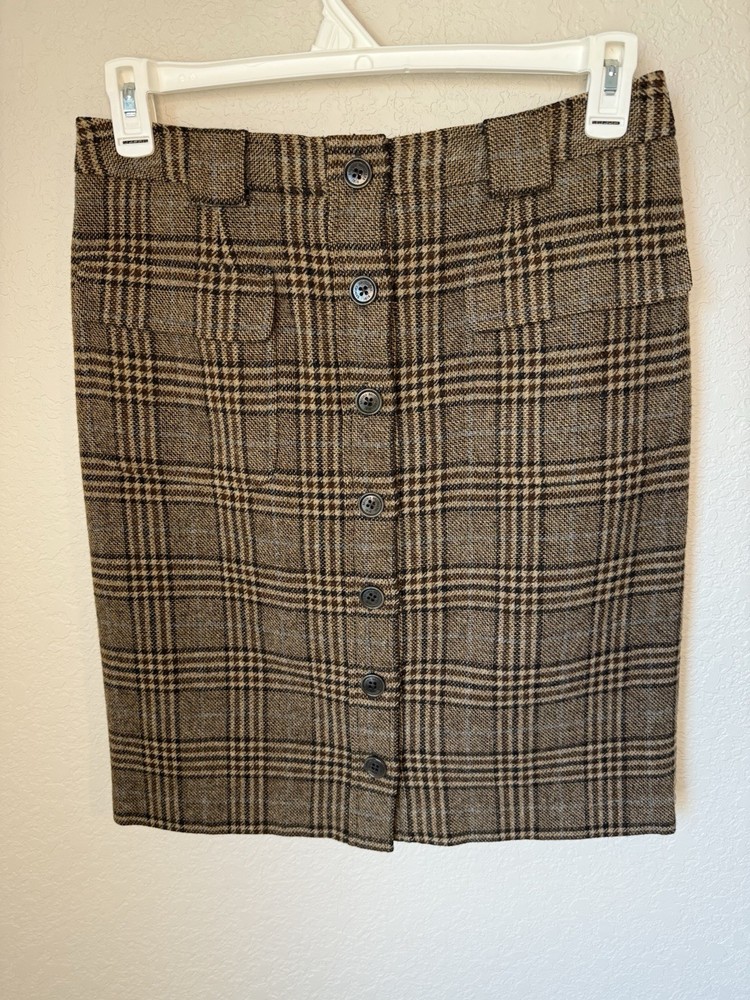 Brooks Brothers Women’s 10 Wool Skirt Brown Plaid Button Front Lined