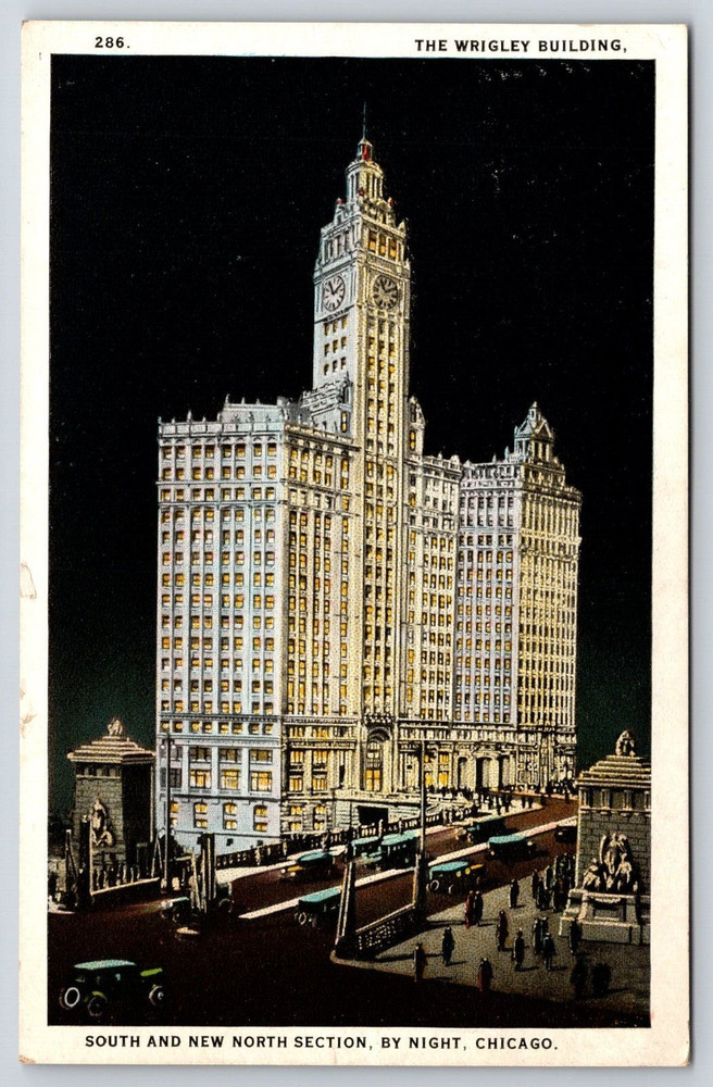 Chicago Illinois The Wrigley Building At Night Cars People Vintage Postcard Usa