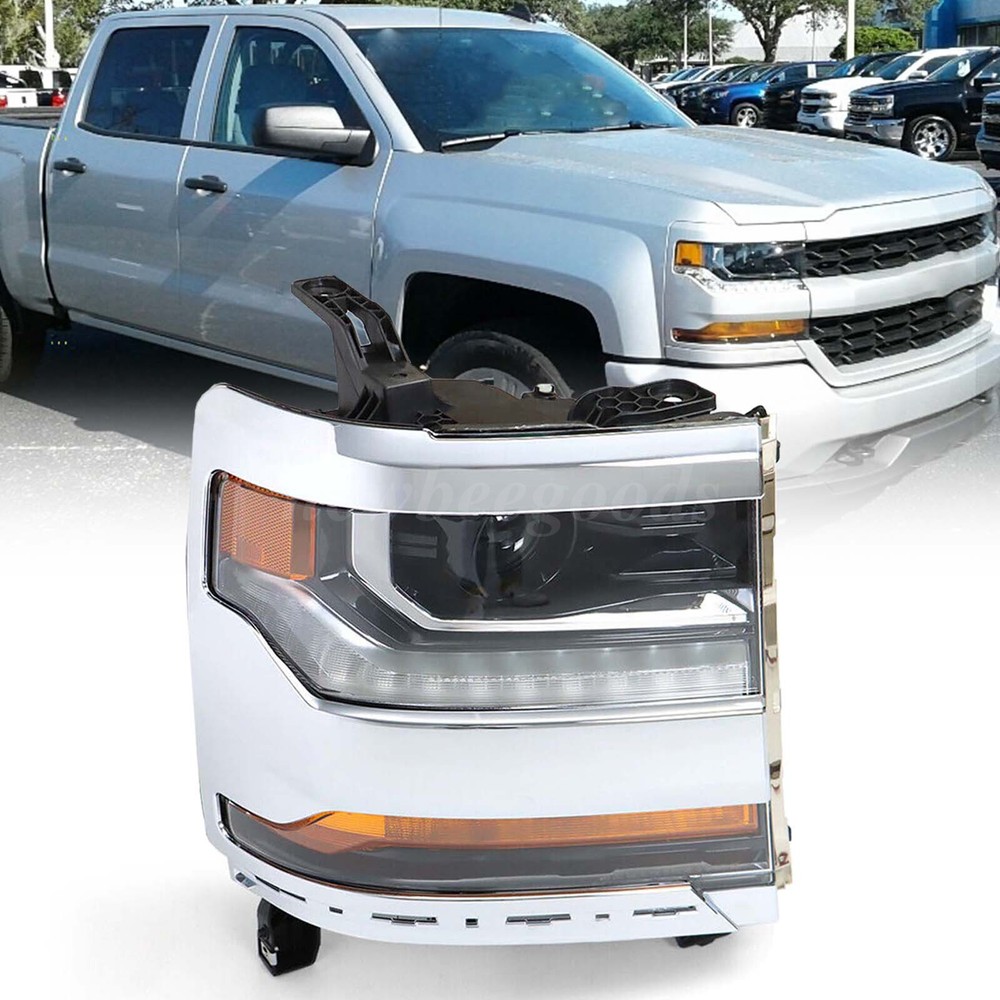 Passenger HID/Xenon Headlight For 2016-2018 Chevy Silverado 1500 Chrome LED DRL