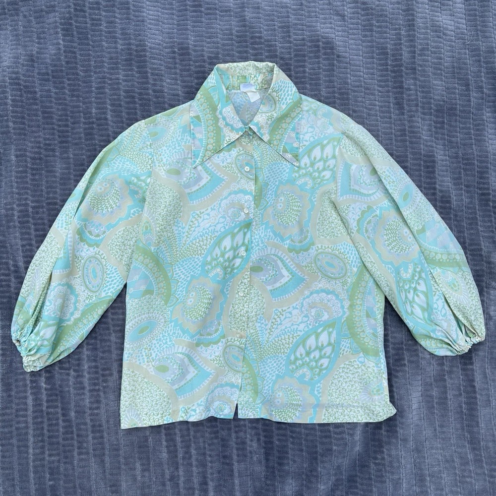 VTG 70s Queens Way To Fashion Paisley Blouse Dagger Collar Balloon Sleeve Green