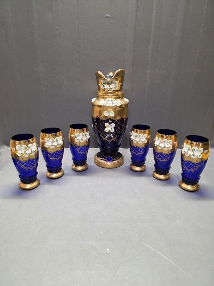 Vintage Bohemian Cobalt Blue Glass Pitcher & 6 Glasses Gold Enamel Floral Set