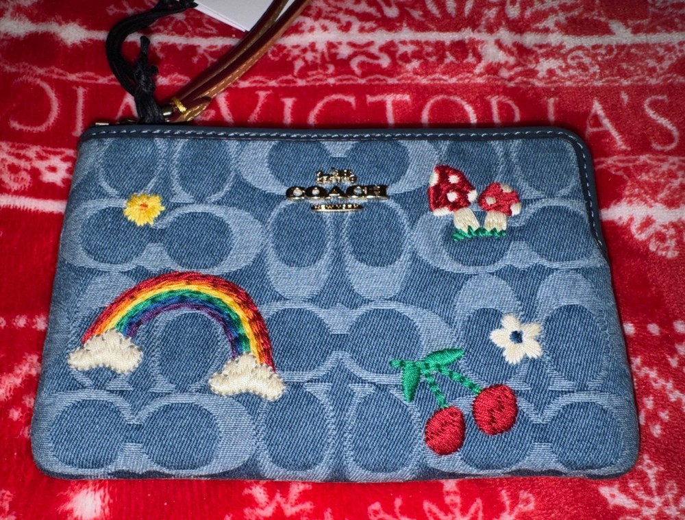 Coach Corner Zip Wristlet In Signature Denim w/Embroidered Pattern, NWT