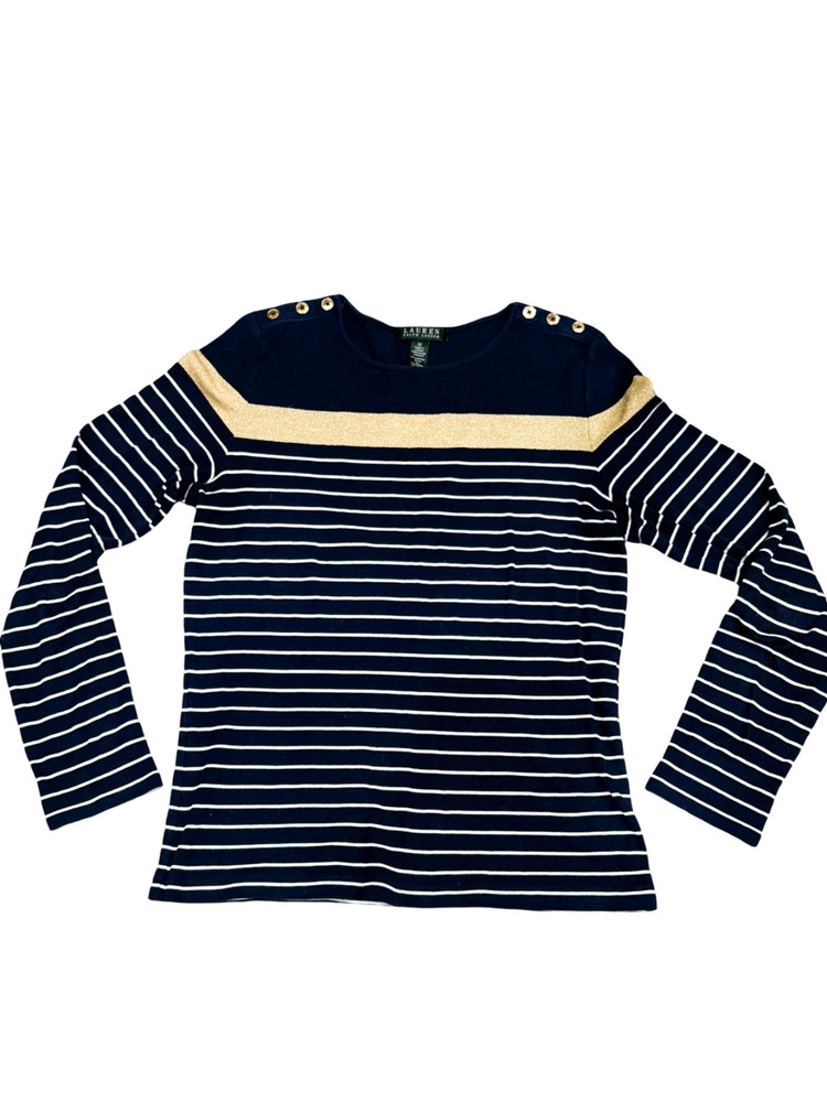 Ralph Lauren Navy Striped Gold nautical coastal fisherman preppy Cotton Top Sz M