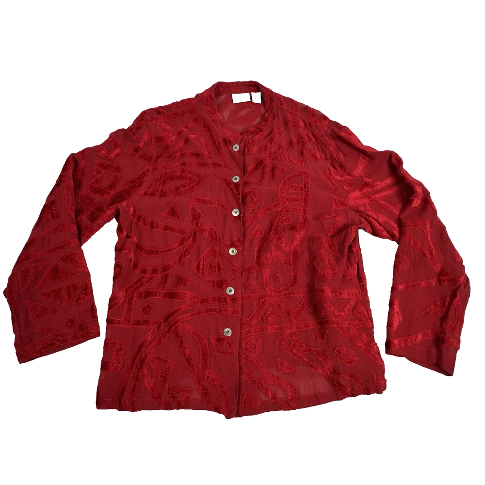 Chico's Sheer Luxurious Elegant Red Button Up Blouse. Women's Size 3