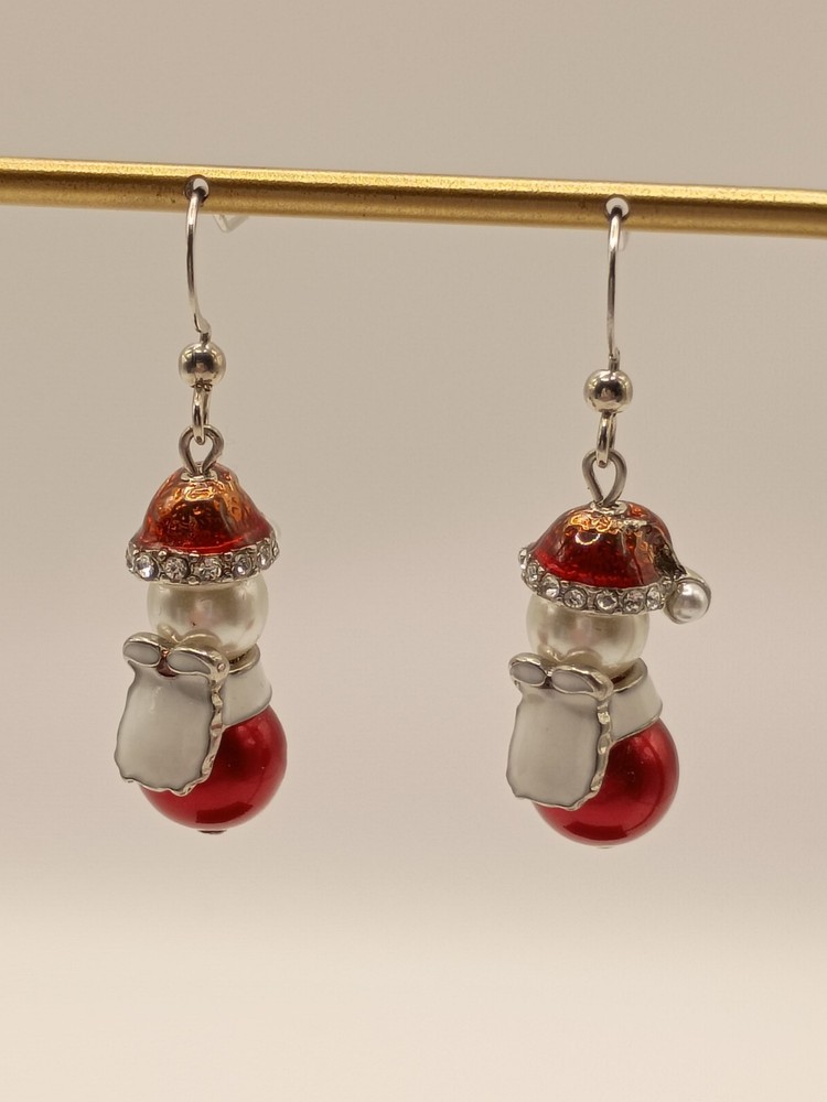 Vintage Christmas Santa Claus Dangle Earrings Enamel Rhinestone Faux Pearl