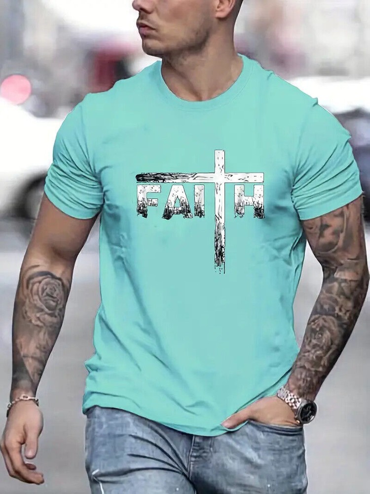 Camiseta Cruz Fe Verde Claro Gráfico Novedad Casual Manga Corta Hombres Camisas