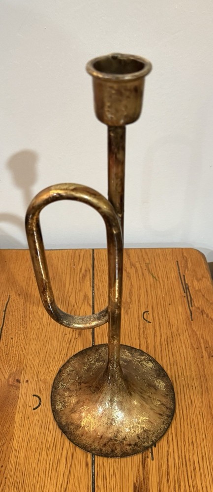 Antique Brass Trumpet Shaped Candle Holder Musical Instrument Decor Gold