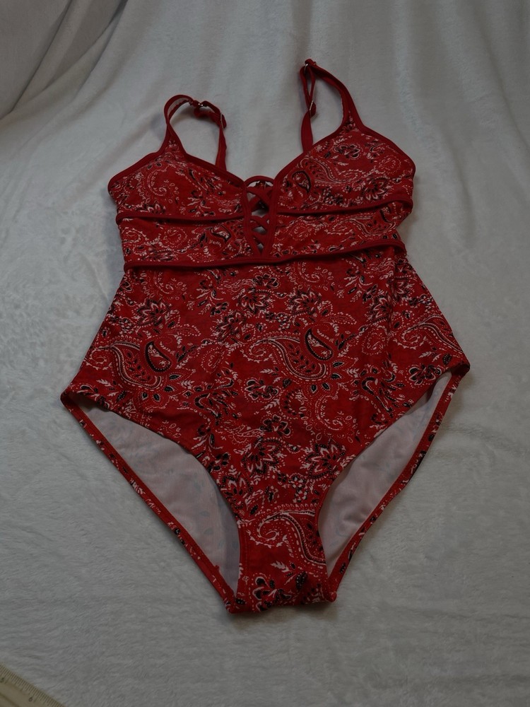 Red Bandana Print One Piece Swimsuit Lace Up Front Western Cowgirl High Cut