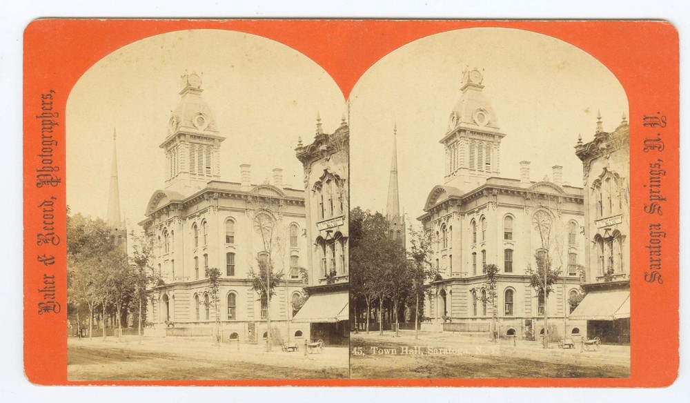 D1613~ NEW YORK – Saratoga Springs Town Hall c.1870s Stereoview Baker