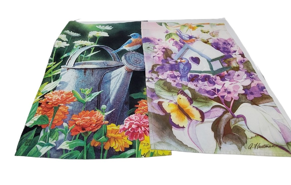 Garden Flags Set Of 2 Flowers Bird Butterfly Watering Can  12