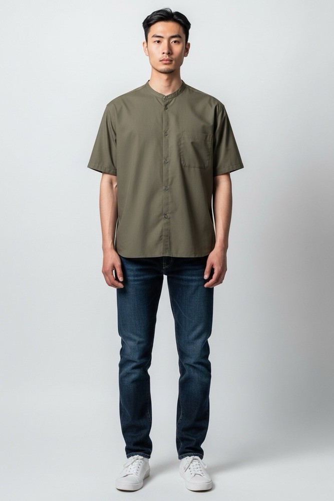 MUJI Olive Green Band Collar Shirt XL Short Sleeve Minimalist Snap Front Japan