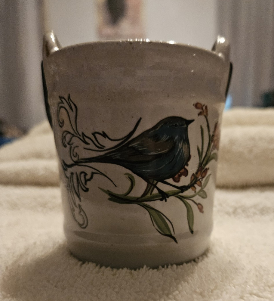 Hand Painted Ceramic Bird Planter with Handle, Glazed Botanical, White Blue