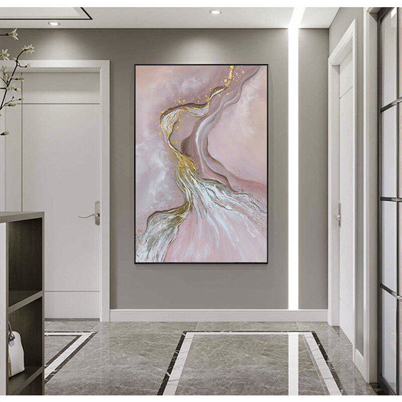 Handpainted Modern Painting Gold Pink Simple Abstract Three Dimensional Wall Art