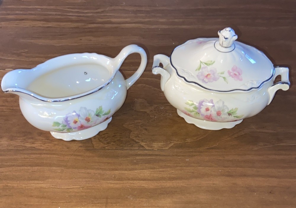 Homer Laughlin Virginia Rose Sugar Bowl w/ Lid Creamer & Pitcher Platinum Trim