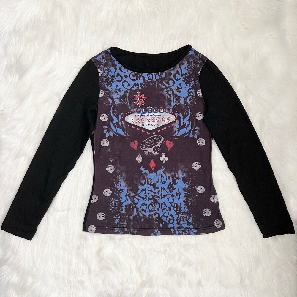 Las Vegas Bedazzled Long Sleeve Top with Dice and Playing Card Design