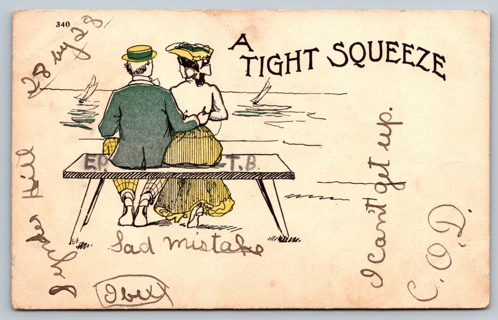 Vintage 1907 Comic Postcard A Tight Squeeze Couple on Bench