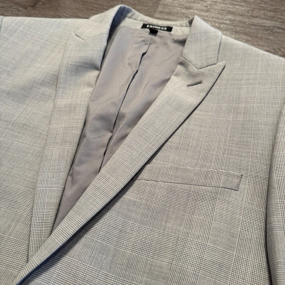 Express Sport Coat Mens 38 R Gray Plaid Blazer Jacket Extra Slim Wool Blend
