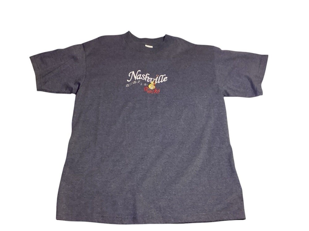 Vintage Nashville Rocks Embroidered Gray T-Shirt Men's XL Short Sleeve Souvenir