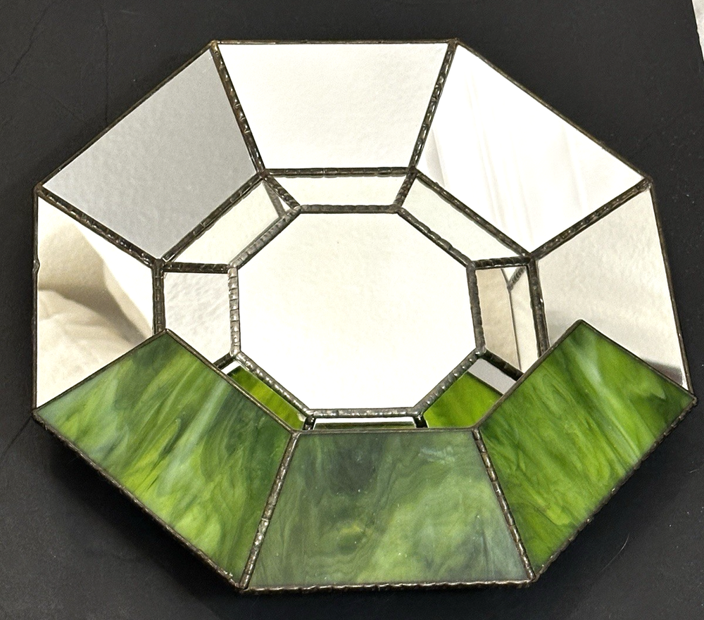 Octagonal Green Stained Glass Wall Sconce Planter with Mirror 12-3/4 Inch