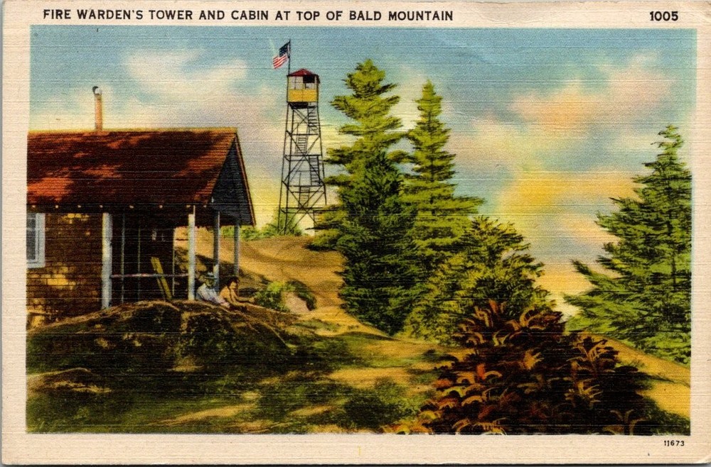 Bald Mountain Fire Warden Tower Cabin Postcard Vintage Linen Era Unposted