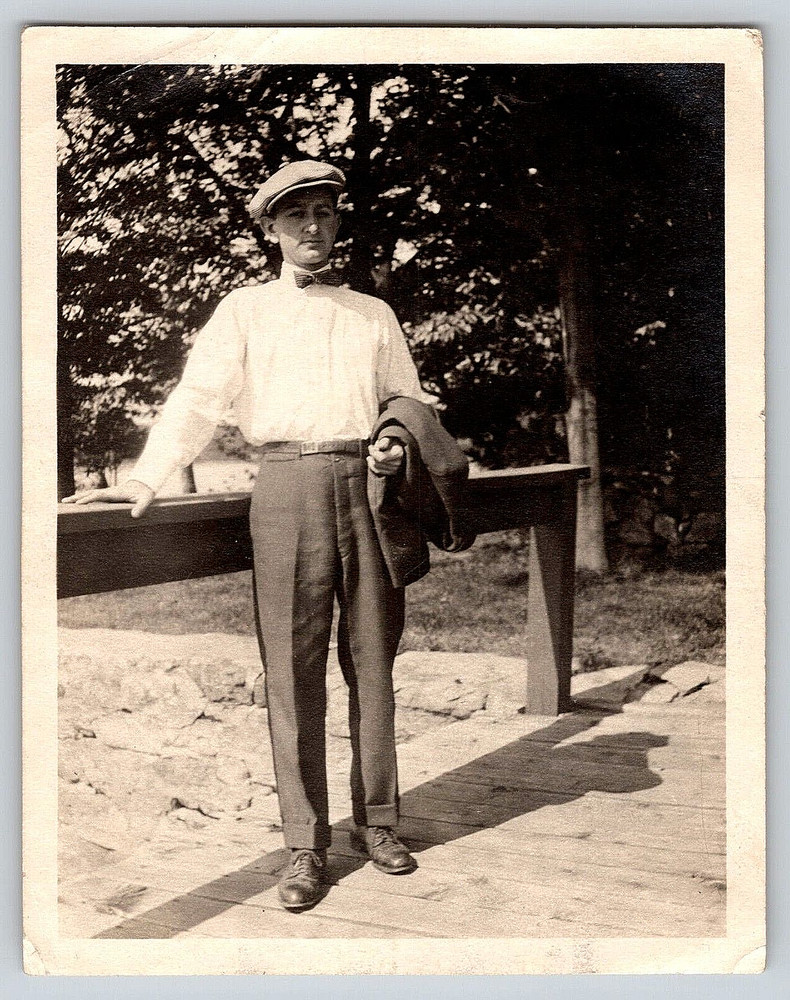 Vintage Photo Old Antique Picture Image Man Hat Tie Coat Standing On Wood Bridge