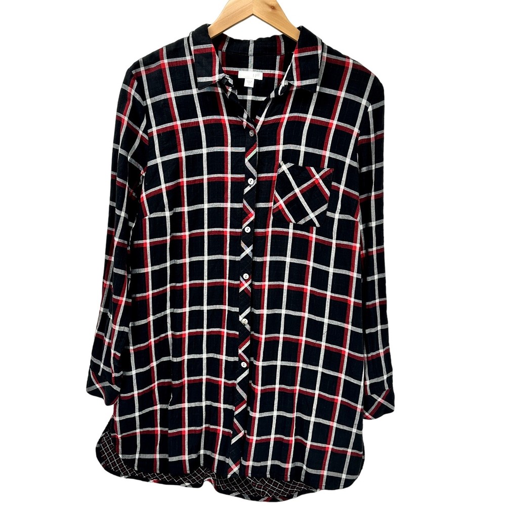 J Jill Tunic Top Womens Medium Black Red Check Plaid Long Sleeve Button Up Shirt