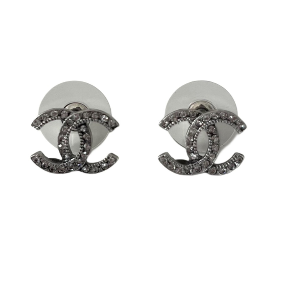 Chanel Vintage CC Silver Metal Rhinestone Stud Earrings