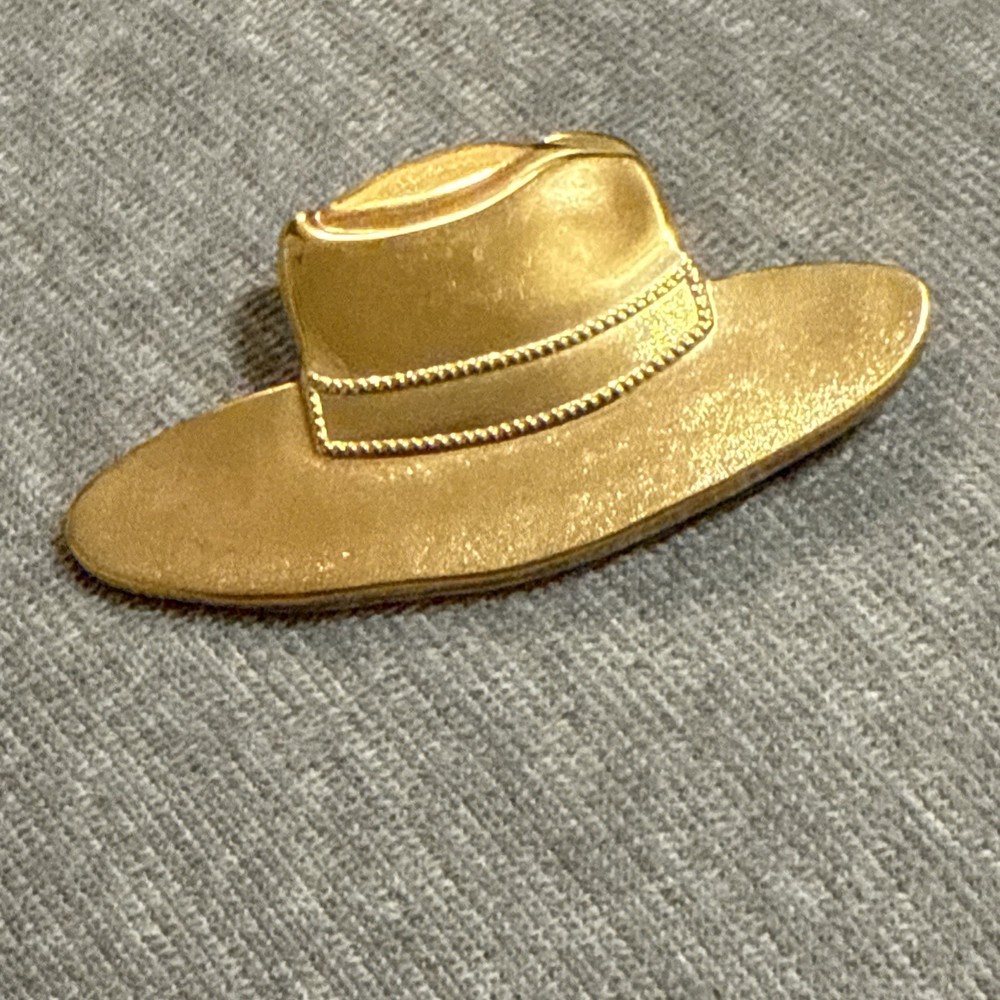 Vintage Huge Cowboy Hat Gold Tone Brooch Pin Stetson Western Cowgirl Farm