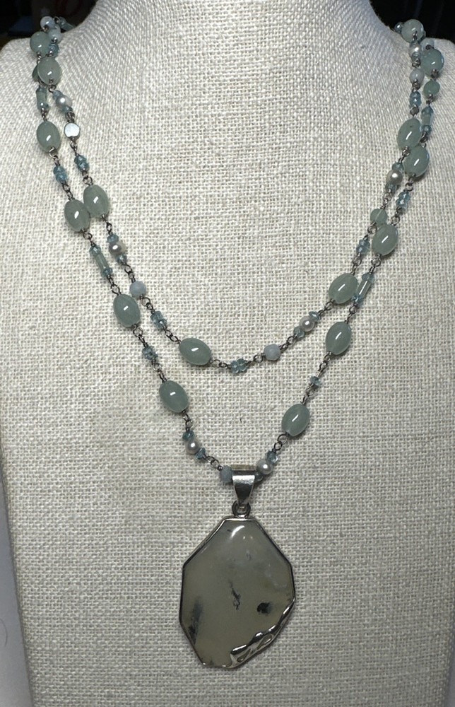 Vintage Montana Moss Agate Sterling 925 Pendant Aventurine & Pearl Necklace LUC