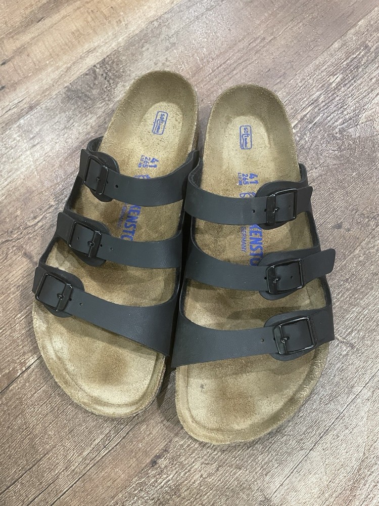 Birkenstock Florida, Three Strap soft foot bed Black leather sandals